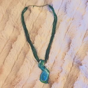 Blown glass pendant beaded necklace